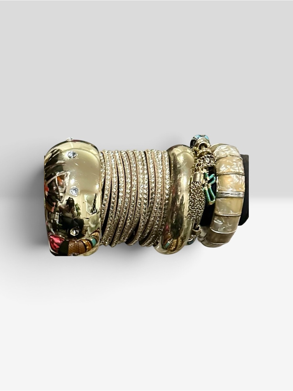 Gold Tone Stackable Bracelet Set Mixed Chunky Bangle Rhinestone Cuff Statement